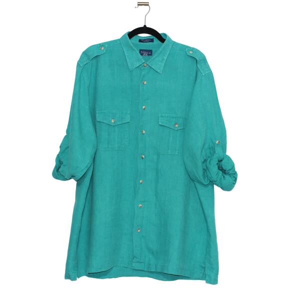 Vintage Paul Fredrick 100% Linen Button Up Blouse Teal Green XLT - Picture 1 of 7